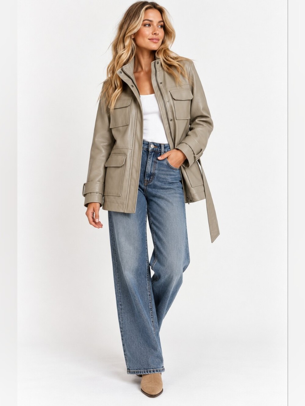 A New Day Faux Leather Utility Field Jacket Taupe Belted Size S